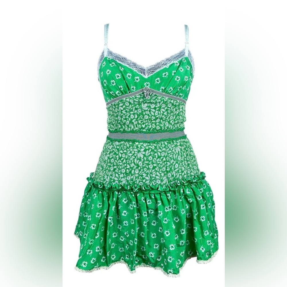 Dolce & Gabbana Vintage Silk Floral Mini Dress Lace Trim Y2K Designer Size 40